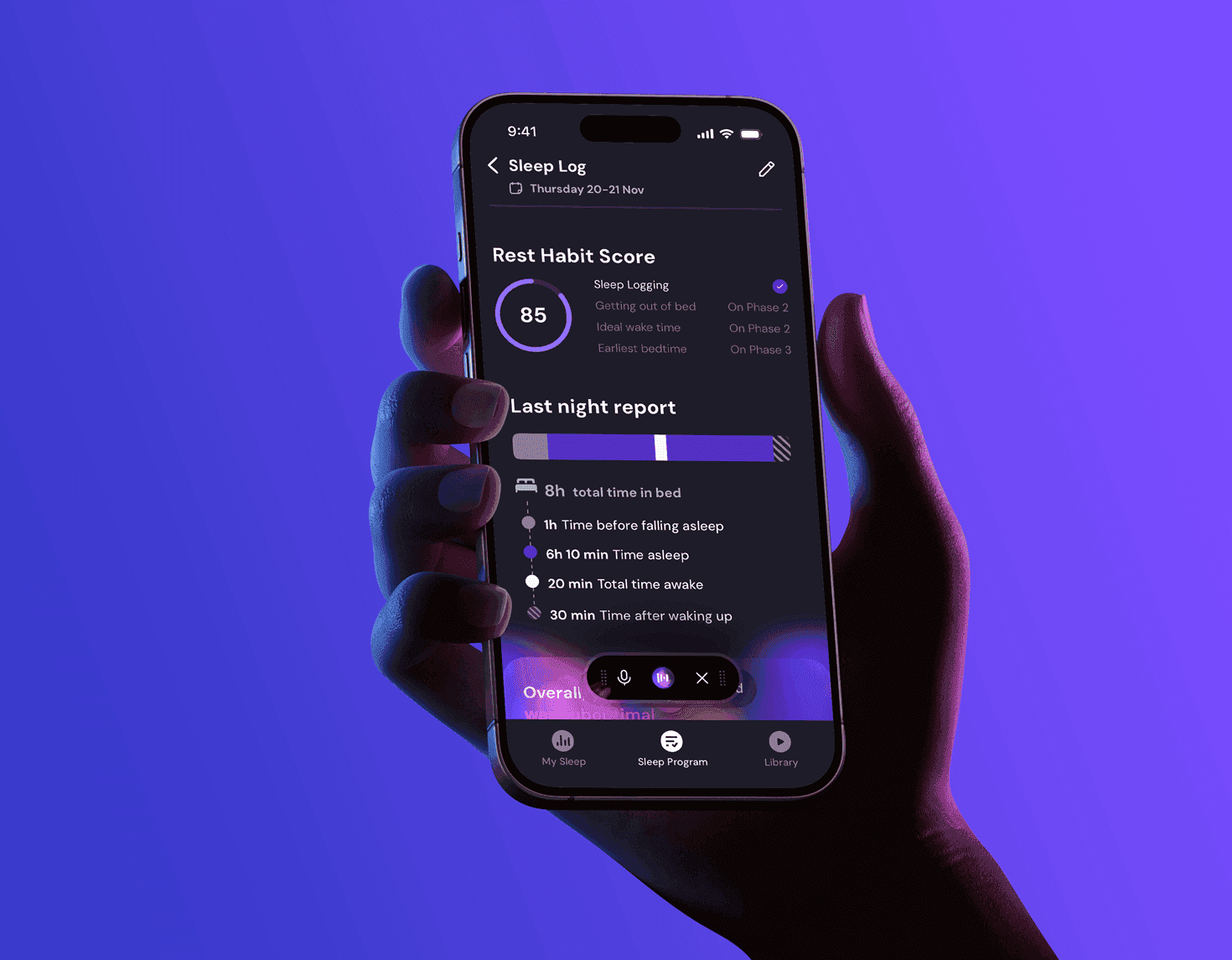 Hand holding a phone open to Rest's sleep log, habit score, and voice coach control